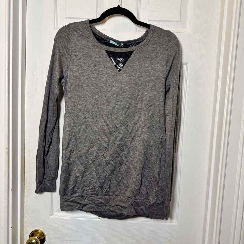 P.S. Kate Long Sleeve Top Gray Black Lace Slit Back